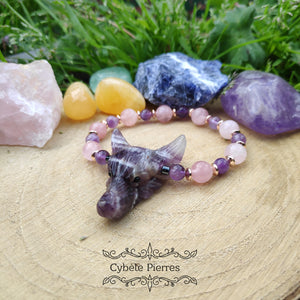 Bracelet "Loup" - Améthyste et Quartz rose (8mm et 6mm) 17-18cm