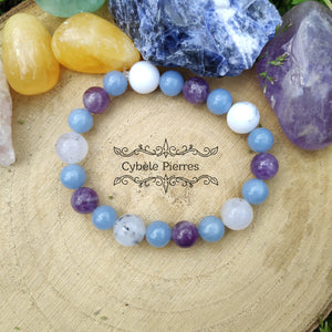 Bracelet Amour Parfait- Opale laiteuse, Angélite et Améthyste (10mm et 8mm) - 17cm