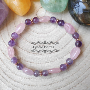 Bracelet Sérénité et Equilibre - Quartz rose et Améthyste ( 10mm et 6mm) - 17cm