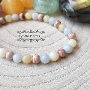 Bracelet Admiration - Rhodochrosite, Aigue-Marine et Héliodore (6mm) - 17cm