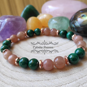 Bracelet Sagesse et passion - Malachite et Pierre de Lune Pêche (8mm) - 18cm