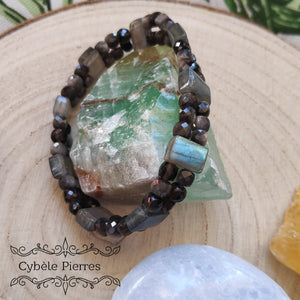 Bracelet Double Magnifique  - Obsidienne argentée Facettée et Labradorite  (4 et 6mm) -18cm