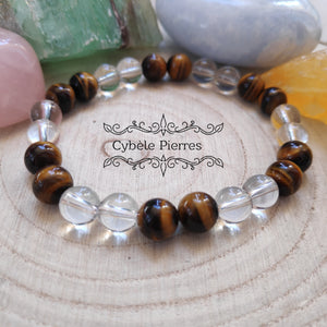 Bracelet reconfort  : Oeil de tigre et Cristal de Roche (8mm) - 18cm