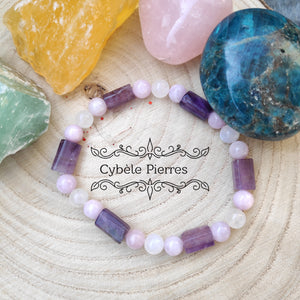 Bracelet Emotions Profondes - Labradorite blanche, Kunzite et Améthyste (8 et 10mm) - 18cm