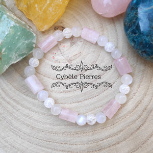 Bracelet Emotions Paix Intérieure - Labradorite blanche, Quartz rose et Cristal de roche craquelé - 17cm