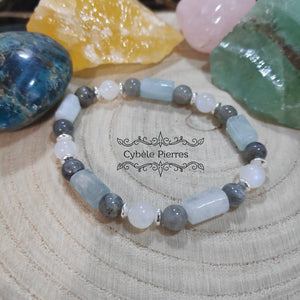 Bracelet Vénus : Péristérite, Aigue-marine et Labradorite (8 et 6mm) - 17cm