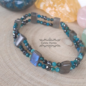 Bracelet Double  -Labradorite et Chrysocolle (3mm) - 18cm