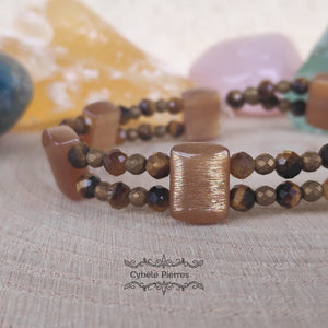 Bracelet Double  - Oeil de tigre et Pierre de Soleil (6 et 3mm) - 18cm