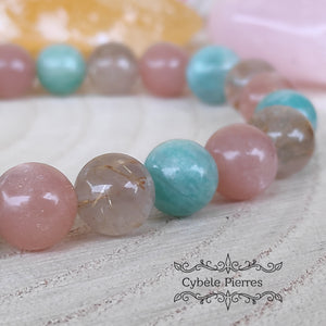 Bracelet Souverainté - Amazonite, Pierre de Lune pêche et Quartz Rutile (8mm) - 19cm