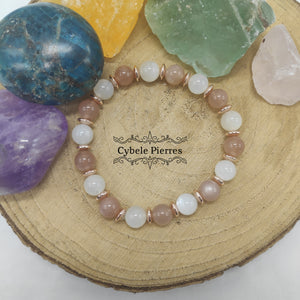 Bracelet Pierre de Lune Blanche et Pêche  (8mm) - 18cm