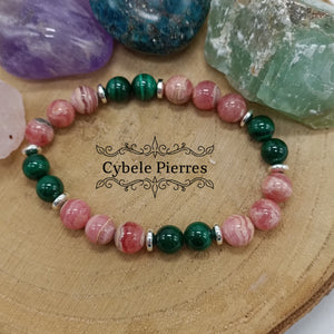 Bracelet Khépri - Rhodochrosite et Malachite (8mm) - 19cm
