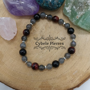 Bracelet  Bouclier - Labradorite et Oeil de Taureau (6 et 8mm) - 18cm