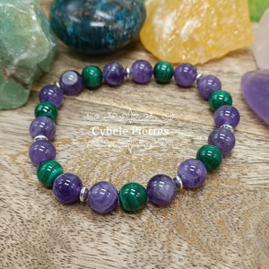 Bracelet Emotions et protection  : Malachite et Améthyste (8mm) - 19cm