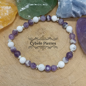 Bracelet Nuances - Améthyste, Améthyste rubannée et Howlite - 18cm (6mm)