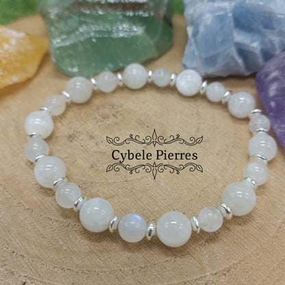 Bracelet Alphée- Péristérite (Labradorite blanche)   (6 et 8mm) - 18cm