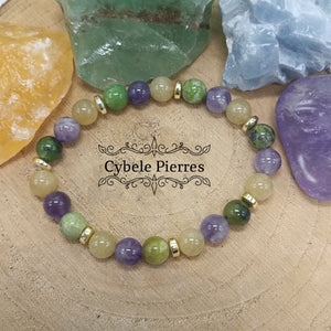 Bracelet Adorable : Améthyste, Héliodore et Opale Verte (8mm)- 19cm