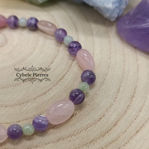 Bracelet Chagrin- Améthyste, Jade vert de Chine et Quartz Rose (3, 6 et 8mm) - 18cm