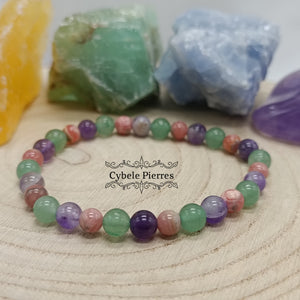 Bracelet Réconfort et Protection - Aventurine verte, Améthyste et Rhodochrosite (6mm)- 17cm
