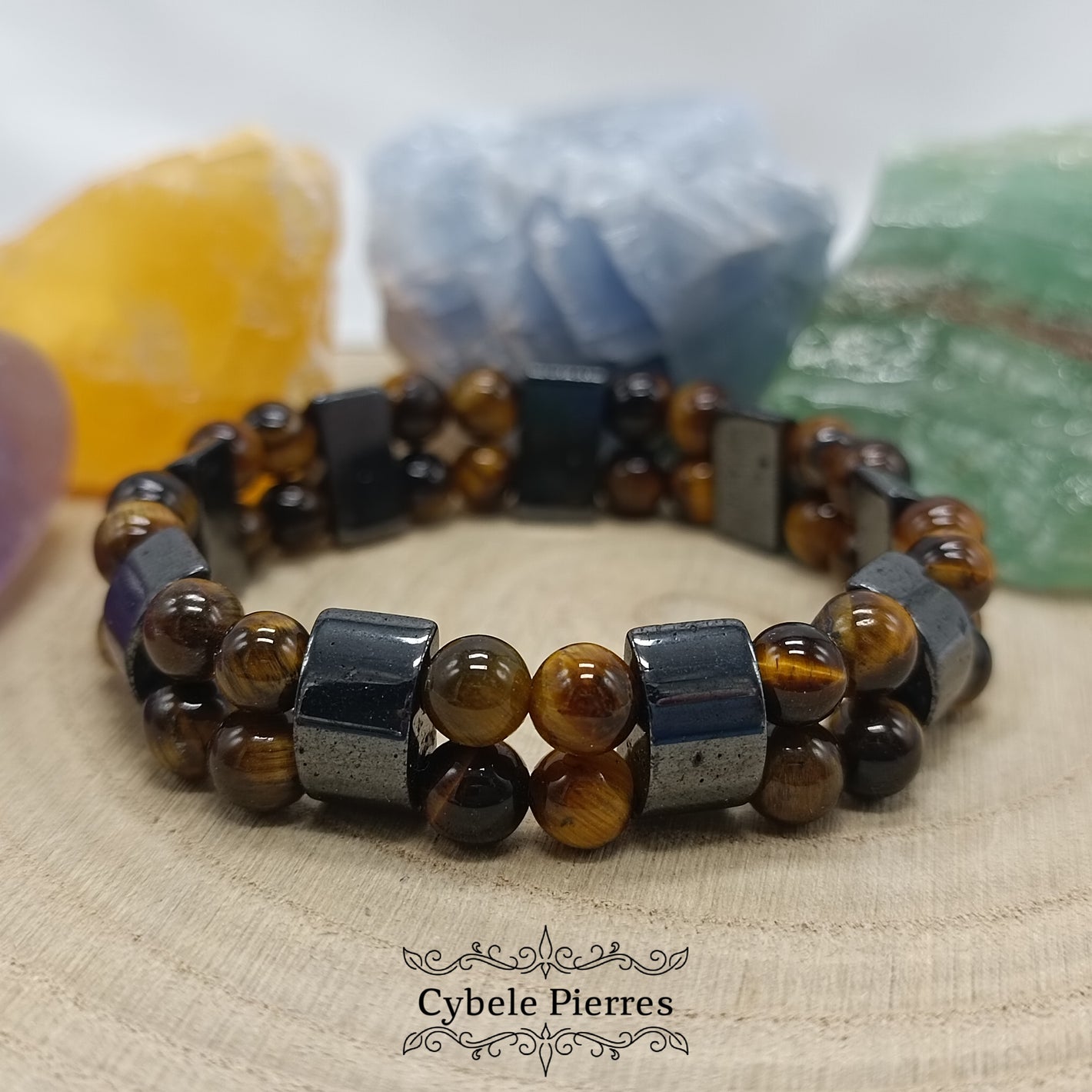 Bracelet Double  - Oeil de tigre et Hematite  (6mm) - 17cm