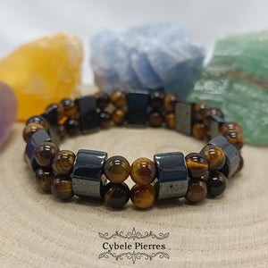 Bracelet Double  - Oeil de tigre et Hematite  (6mm) - 17cm