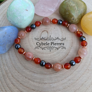 Bracelet Invincible- Hématite, Pierre de Soleil et Cornaline (6 et 8mm)- 18cm