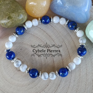 Bracelet Conquête - Lapis-Lazuli et Howlite  (6mm et 8mm) - 18cm