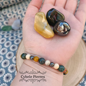 Bracelet "Je Garde les pieds sur Terre/Ancrage" -Jaspe Mookaite, Héliotrope et Hématite (6 et 8mm) - 18cm
