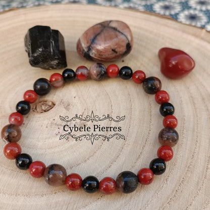 Bracelet "Je Garde les pieds sur Terre/Ancrage" -Chiastolite, Jaspe rouge et Tourmaline (6 et 8mm) - 18cm