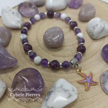 Bracelet Summer  - Howlite, Améthyste et Lépidolite (6 et 8mm) - 18cm
