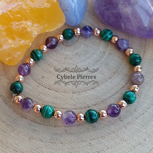 Bracelet Basiléia : Améthyste et Malachite (6mm) - 17cm