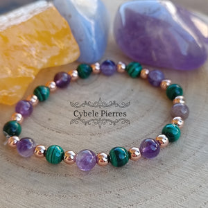 Bracelet Basiléia : Améthyste et Malachite (6mm) - 17cm