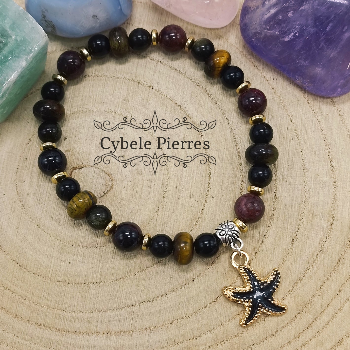 Bracelet "Summer" Noir - Oeil de tigre,Obsidienne dorée et Grenat  (8mm et 6mm) - 18cm