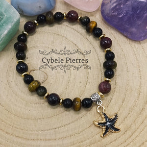Bracelet "Summer" Noir - Oeil de tigre,Obsidienne dorée et Grenat  (8mm et 6mm) - 18cm