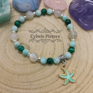 Bracelet "Summer" vert - Pierre de lune blanche, Amazonite et Malachite (8mm et 6mm) - 18cm