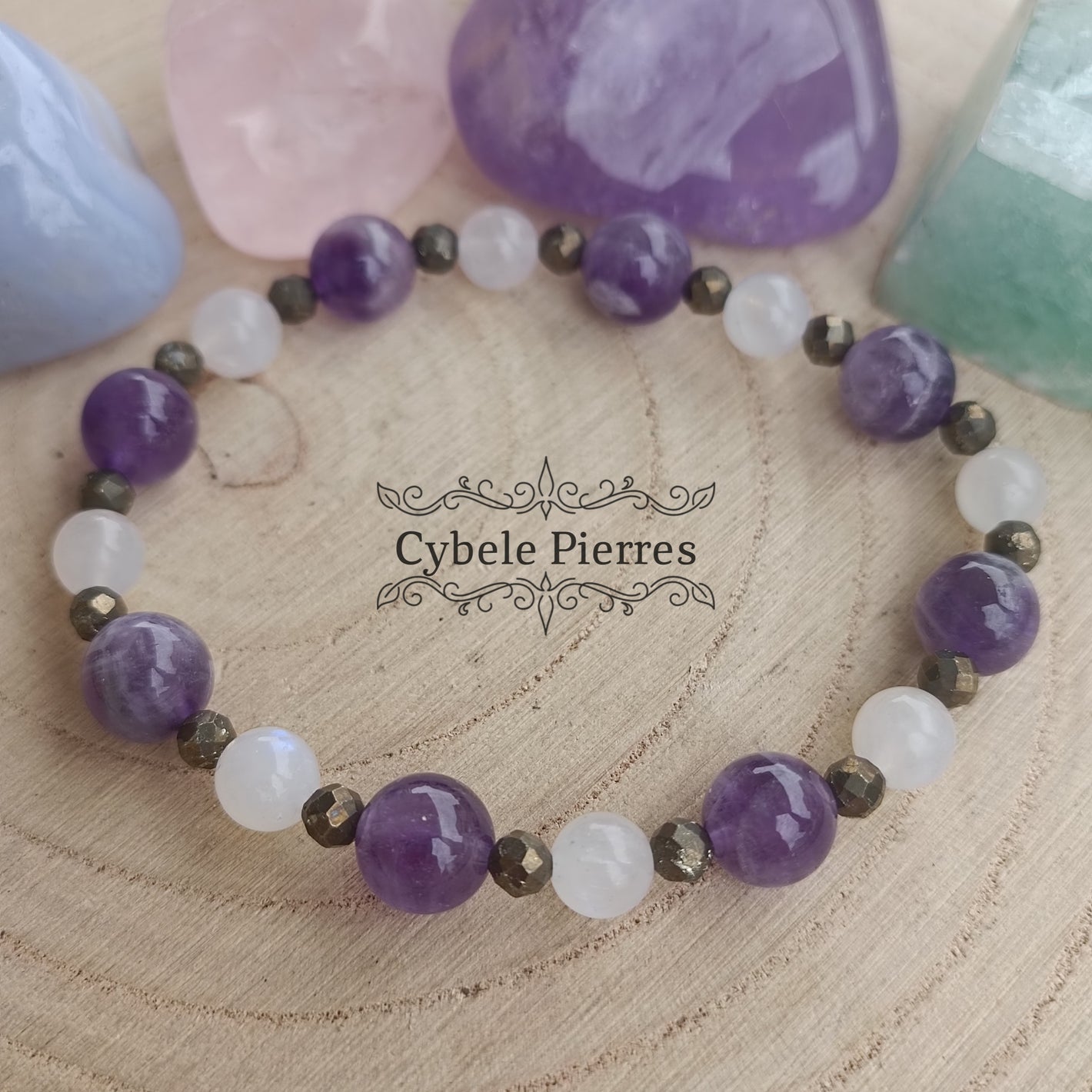 Bracelet Fascination : Péristérite (Labradorite blanche), Pyrite et Améthyste (6 et 8mm) - 18cm