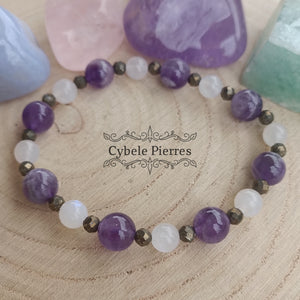 Bracelet Fascination : Péristérite (Labradorite blanche), Pyrite et Améthyste (6 et 8mm) - 18cm
