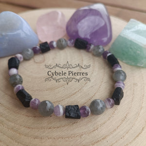 Bracelet Super protection - Tourmaline, Améthyste et Labradorite (10mm et 8mm ) - 18cm