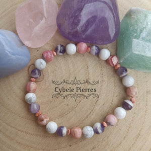 Bracelet Pouvoir : Améthyste, Howlite et Rhodocrosite (6mm) - 17cm