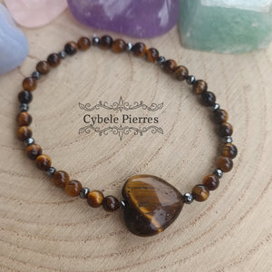 Bracelet Bravoure - Oeil de tigre  (Coeur de 15mm et 4mm) - 18cm