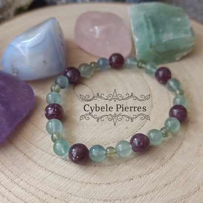 Bracelet Assurance : Fluorite bleue, Apatite verte et Lépidolite (8mm et 6mm) - 17cm