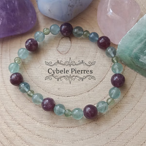 Bracelet Assurance : Fluorite bleue, Apatite verte et Lépidolite (8mm et 6mm) - 17cm
