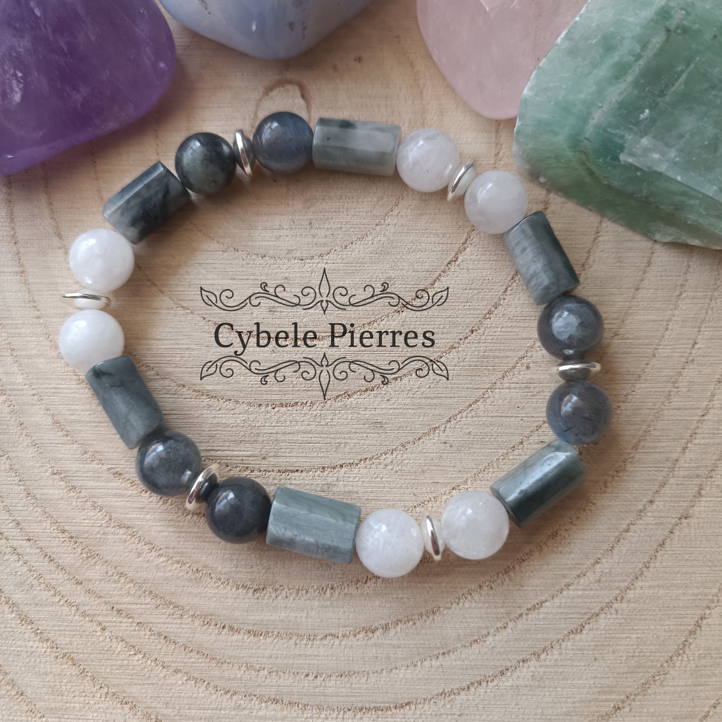 Bracelet Secret - Labradorite, oeil de faucon et Péristérite (8mm) - 18cm