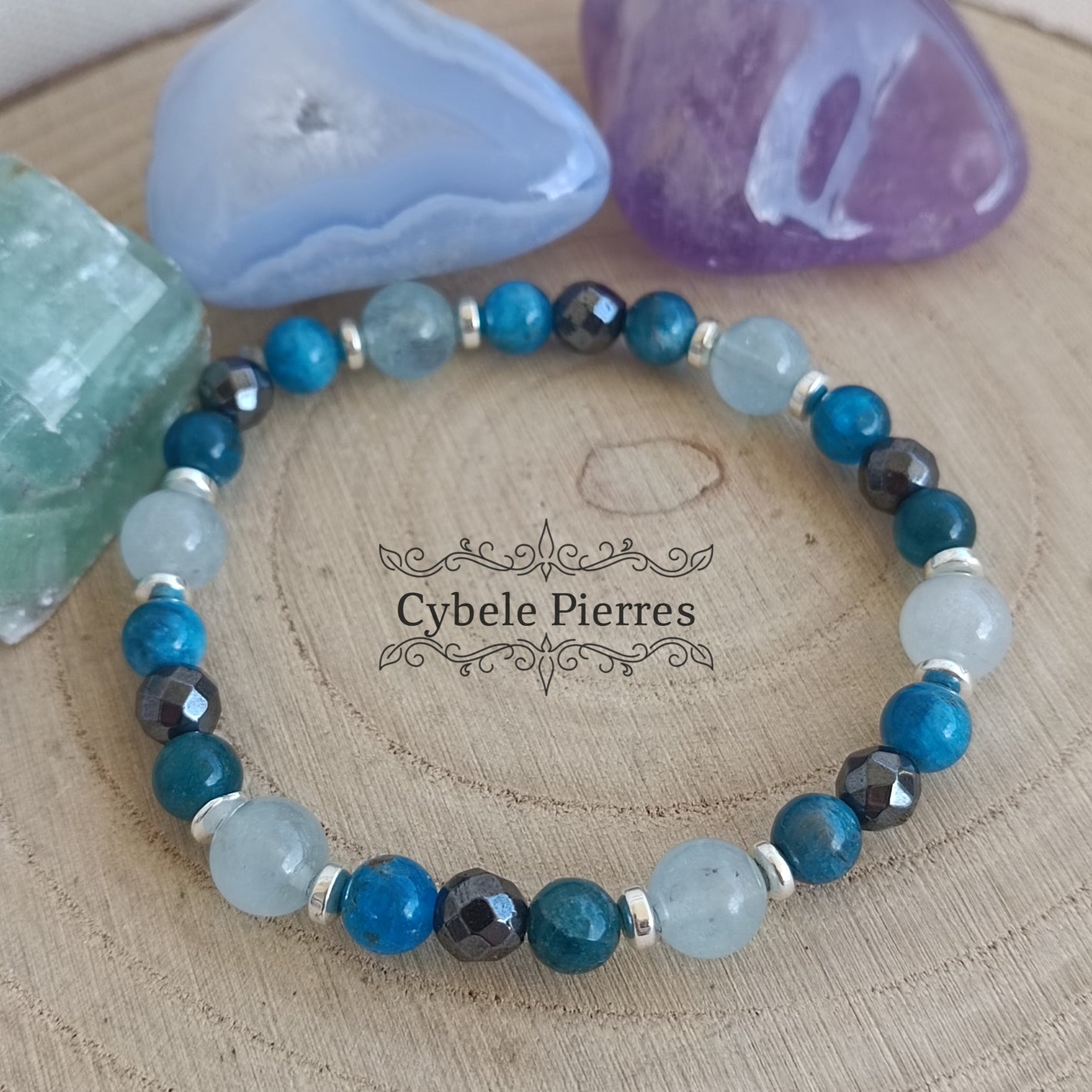 Bracelet Atlantique :  Apatite et Aigue-marine (6 et 8mm) - 18cm