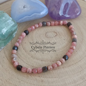 Réservé - Bracelet Equilibre et courage - Rhodochrosite et Obsidienne argentée (Perles carrées facettées de 4mm) - 18cm