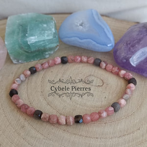 Bracelet Equilibre et courage - Rhodochrosite et Obsidienne argentée (Perles carrées facettées de 4mm) - 18cm