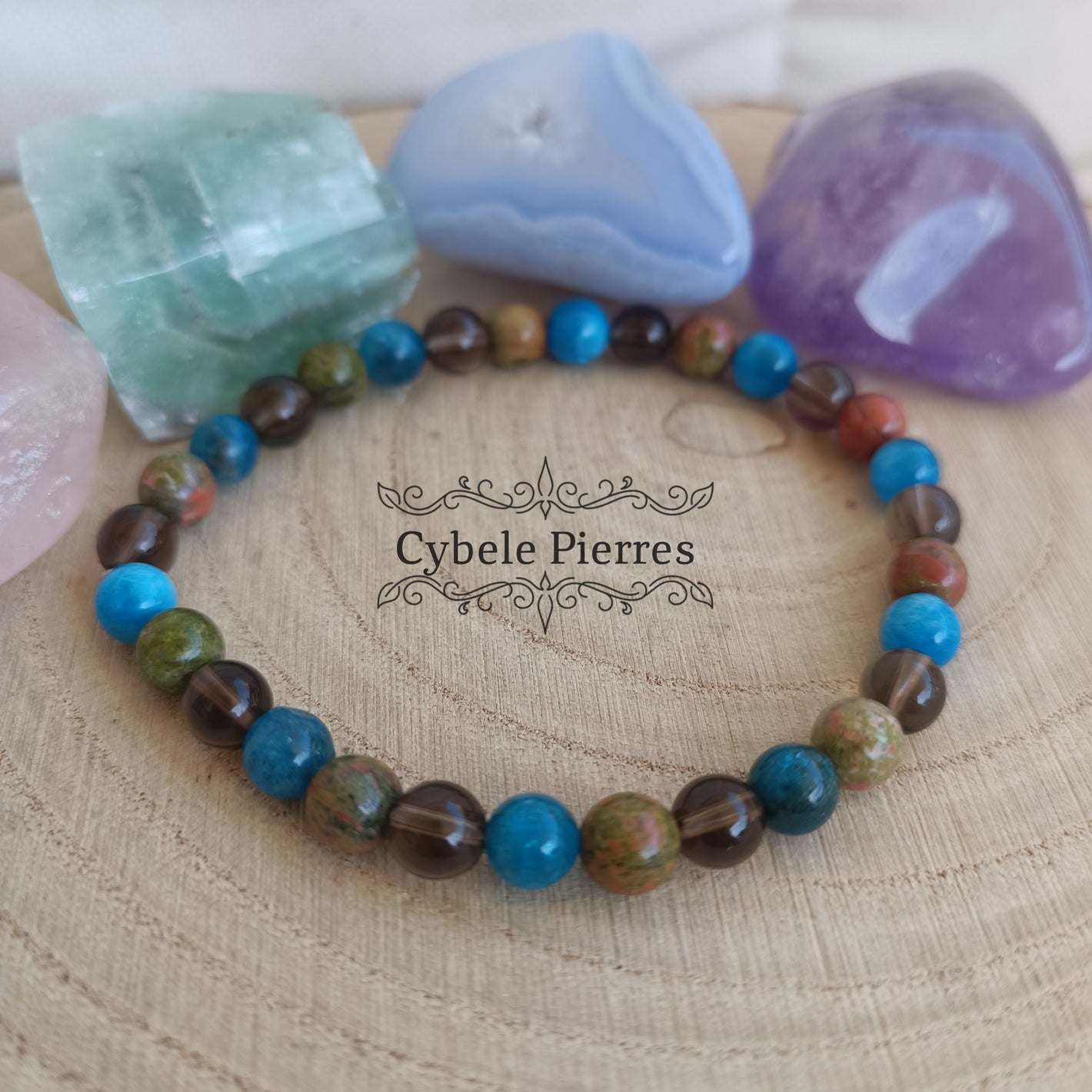 Bracelet Décision : Quartz Fumé, Unakite et Apatite bleue (6mm) - 19cm