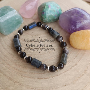 Bracelet Athéna: Labradorite et Obsidienne argentée - 16cm (10mm et 6mm)