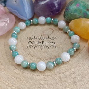 Bracelet Perception et Intuition - Pierre de lune blanche et Amazonite (8mm et 6mm) - 18cm