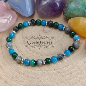 Bracelet Réflexions : Oeil de faucon, Malachite et Apatite bleue (6mm) - 18cm