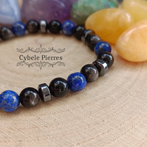 Bracelet Homme "Introspection" - Lapis-Lazuli et Obsidienne argentée (8mm) - 18cm